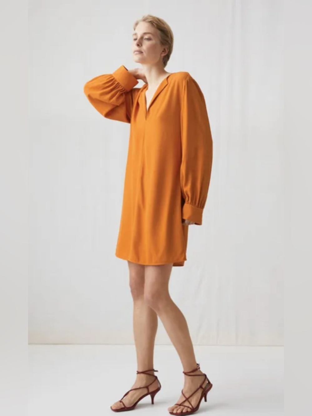 Arket Tunic Dress Orange Mini Crepe Long Sleeve Women's A-line US 12 L NWOT